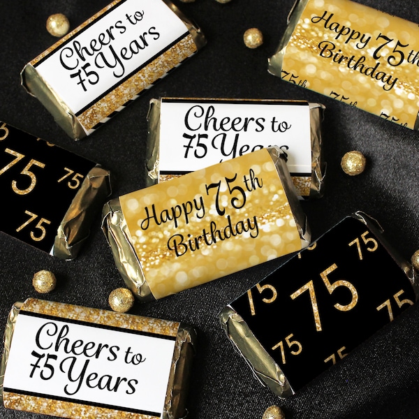 75th Birthday Candy Wrappers for Miniature Chocolate Bars, 45 ct Stickers - 75th Birthday Decorations - Black and Gold Birthday Party Favors