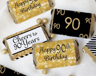 90th Birthday Candy Wrappers for Miniatures Bars, 45ct Stickers - 90th Birthday Decorations - Black and Gold Birthday Party Favors