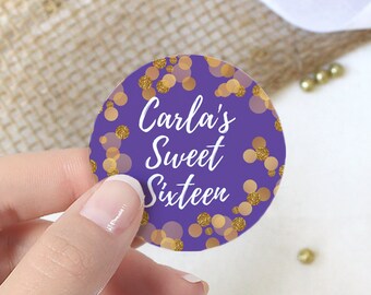 Personalized Sweet 16 Party Favors Purple and Gold Stickers | Sweet Sixteen Labels, 16th Birthday Candy Stickers, Envelope Seals | 40ct