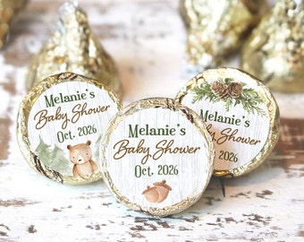 Personalized Woodland Bear Baby Shower Favor Stickers for Chocolate Kisses - Custom Brown Bear Decor - Forest Themed Stickers - 180 Labels