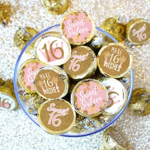 Sweet 16 Party Favor Chocolate Kiss Stickers | Pink and Gold Sweet 16 Decorations - 16th Birthday Party Supplies - 16 Wishes - 180 Pack