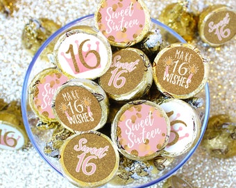 Sweet 16 Party Favor Chocolate Kiss Stickers | Pink and Gold Sweet 16 Decorations - 16th Birthday Party Supplies - 16 Wishes - 180 Pack