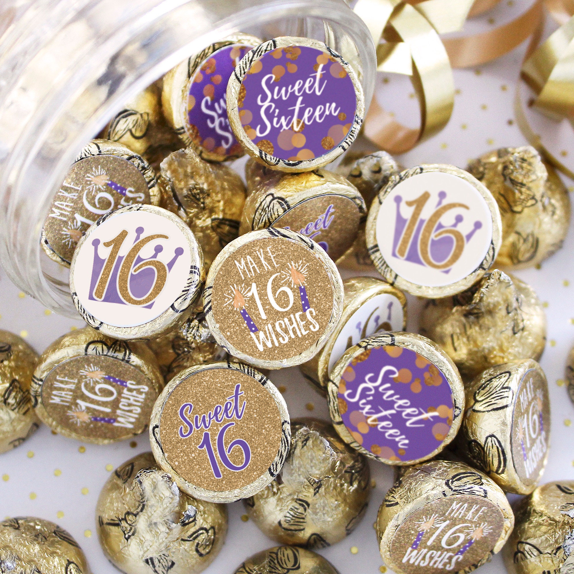 Sweet 16 Purple and Gold Birthday Party Favor for Chocolate Kisses ...