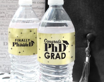 PhD Graduation Party Water Bottle Labels | Waterproof Wrappers | Congrats PhD Grad & Finally PhinisheD | Doctorate Graduation Decorations