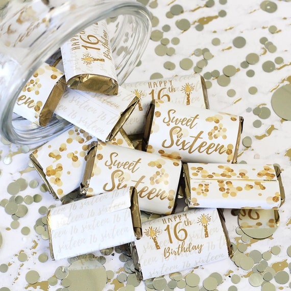 Sweet 16 Miniature Chocolate Bar Wrapper 45ct | White and Gold Sweet 16 Decorations | Happy 16th Birthday | Sweet 16 Favors - Party Supplies Il_570xn