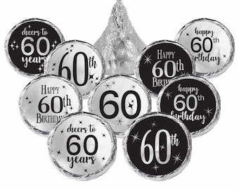 60th Birthday: Black and Silver - Adult Birthday -  Party Favor Stickers - Fits on Chocolate Kisses - 216 Stickers