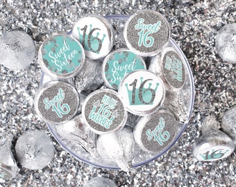 Sweet 16 Teal Blue and Silver Party Favor Stickers for Chocolate Kisses | 16th Birthday Candy Decorations - 180 Labels