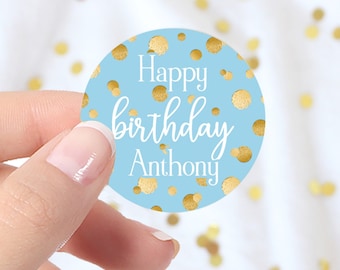 Personalized Blue Gold Birthday Party Stickers -Customize Birthday Labels | Party Decorations | Envelope Seals - Favor Bags - 40ct