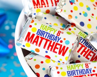 Personalized Happy Birthday Candy Bar Wrappers for Mini Chocolates, Age and Name | Kids Colorful Rainbow Dots Multicolor Party Favor