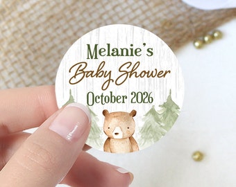 Personalized Woodland Bear Baby Shower Favor Stickers | Customized Cute Teddy Bear Gender Neutral Labels - Forest Party Favor, Envelope Seal