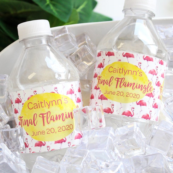 Custom Pink Flamingo Water Bottle Labels - 24 Personalized Stickers