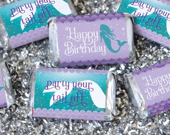 Mermaid Birthday Party Stickers for Miniature Chocolates, Under the Sea Mini Candy Bar Wrappers, Make Girls Birthday Party Favors, 45 Labels