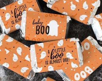 Orange Little Boo is Almost Due Baby Shower Candy Wrapper for Miniature Chocolates, 42 Stickers, Fall Halloween Baby Shower Labels