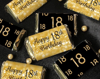 18th Birthday Candy Wrappers for Miniature Chocolate Bars, 45ct Stickers - 18th Birthday Decorations - Black and Gold Birthday Party Favors