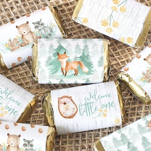 Woodland Animals Baby Shower Mini Candy Bar Wrapper Stickers, Woodland Creatures Baby Shower Favor, Mini Chocolate Wrapper, 42 Labels