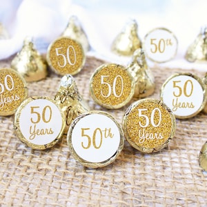 50th Wedding Anniversary Chocolate Kisses Candy Favor Stickers, Golden Anniversary Party Favors, Bulk Anniversary Gold Candy Labels 180ct