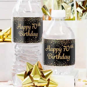 70th Birthday Water Bottle Labels - 24ct Waterproof Stickers, Black and Gold Birthday Party Favors for Him or Her