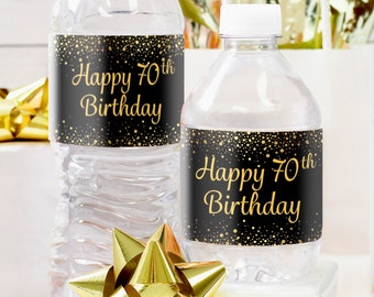 70th Birthday Water Bottle Labels - 24ct Waterproof Stickers, Black and Gold Birthday Party Favors for Him or Her