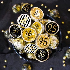 95th Birthday Decorations - Black and Gold Theme 95th Birthday Party Favors - Happy 95th Birthday Stickers for Chocolate Kisses - 180ct