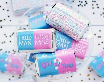 Gender Reveal Candy Wrappers for Miniature Chocolates - Little Man or Little Miss Gender Reveal Party Favors - He or She Stickers -45 Labels