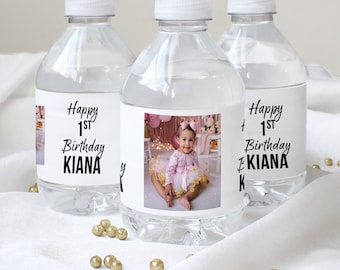 Personalized Happy Birthday Photo Water Bottle Label | Picture Name Age Party Favor Waterproof, 1st 2nd 13th 16th 21st 30th 40th 50th 60th