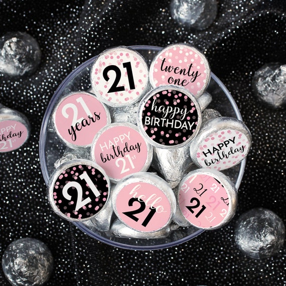 21st Birthday Party Favor Stickers - Pink and Black Chocolate Kiss Sticker Labels 180ct - Adult Birthday Decorations and Supplies for Women