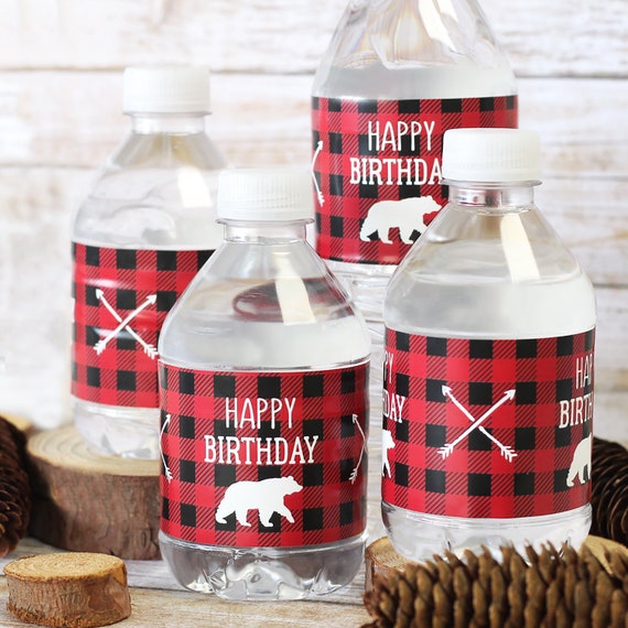 Plaid Bear Birthday Water Bottle Labels | Lumberjack Wild One | Wild and Three | Buffalo Plaid Cabin Party Favors | 24 Stickers Il_570xn