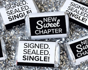 Signed Sealed Single Divorce Party Mini Candy Bar Stickers – 42 Black & White Candy Favor Labels