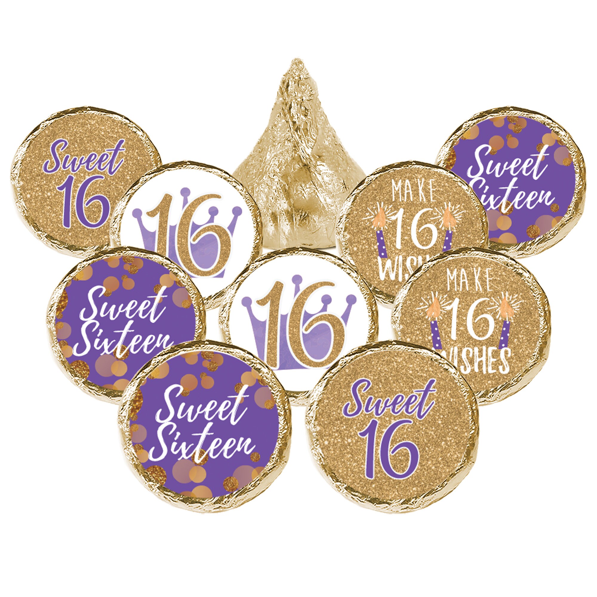 Sweet 16 Purple and Gold Birthday Party Favor for Chocolate Kisses ...