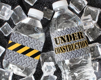 Construction Birthday Party Water Bottle Labels | Under Construction Theme Birthday Decoration Party Favor Idea | 24 ct Waterproof Stickers