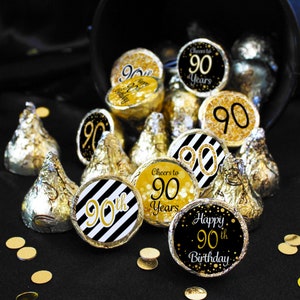 90th Birthday Decorations Black and Gold 90th Birthday Party Favors for Him or Her Label Stickers for Chocolate Kisses 180 Stickers image 6