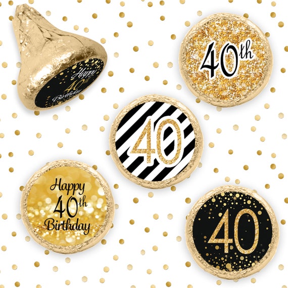 40th Birthday Decorations - Black and Gold 40th Birthday Party Favors - Stickers for Hershey Kisses - 216 Stickers Il_570xn
