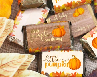 Rustic Little Pumpkin Baby Shower Favor Wrapper for Mini Candy Bars, Fall Autumn Harvest Thanksgiving Shower Decor, 42 Stickers