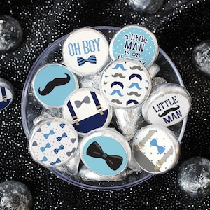 Little Man Baby Shower Party Favor Stickers, Blue Baby Boy Labels for Chocolate Kisses Candy, 180 Small Stickers for Candy Favors