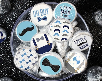 Little Man Baby Shower Party Favor Stickers, Blue Baby Boy Labels for Chocolate Kisses Candy, 180 Small Stickers for Candy Favors