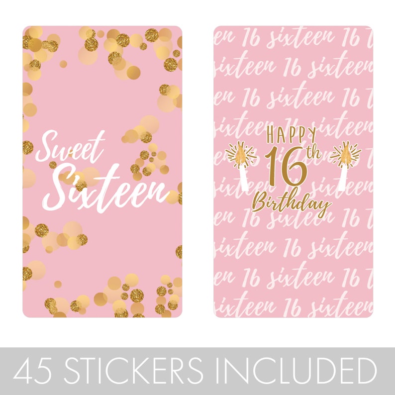 personalized pink and gold 16th birthday favor miniature chocolate bar sticker labels table decoration centerpiece 45 stickers included