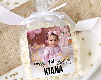 Personalized Happy Birthday Photo Chip Bag Stickers | Picture Name Age Party Popcorn Cookie, 1st 2nd 13th 16th 21st 30th 40th 50th 60th 70th