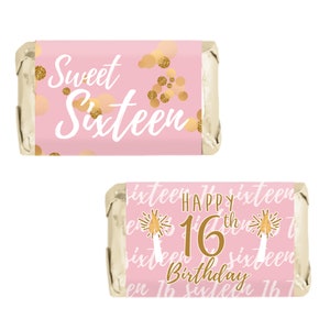 personalized pink and gold 16th birthday favor miniature chocolate bar sticker labels table decoration centerpiece sweet 16