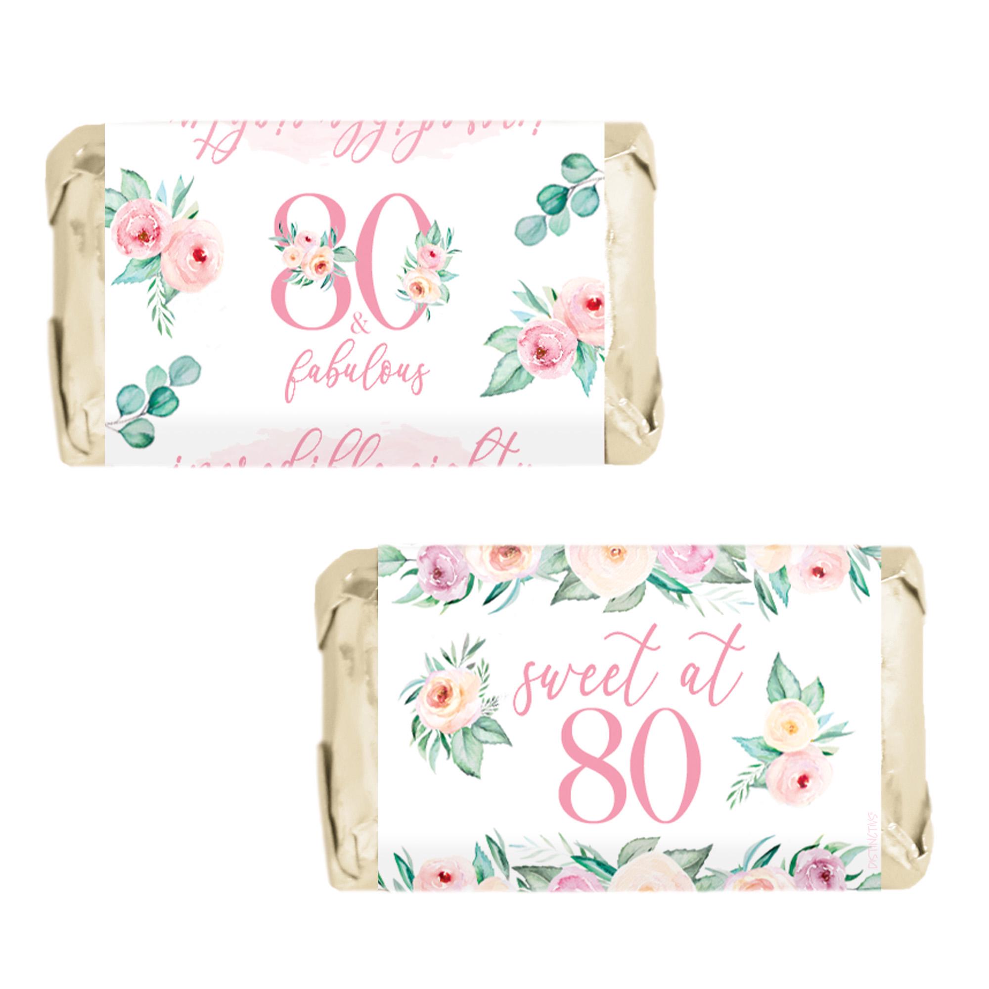 Pink Floral 80th Birthday Mini Chocolate Bar Favor Stickers, Eighty and ...