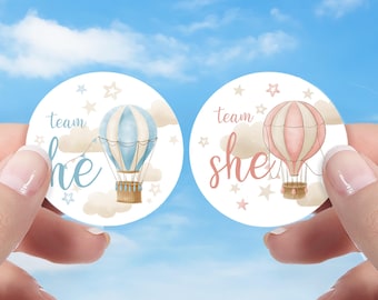 Hot Air Balloon Gender Reveal Stickers – 40ct, Up in the Air Theme, Team He or Team She Voting Stickers for Gender Reveal Party