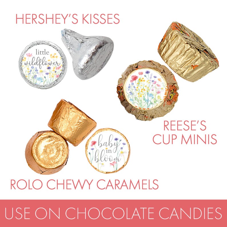 Wildflower kiss stickers arranged in gift display with favor bags, spring floral baby shower decorations