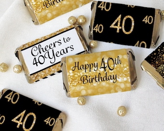 40th Birthday Candy Wrappers, Black and Gold Stickers, Party Favors (42ct)