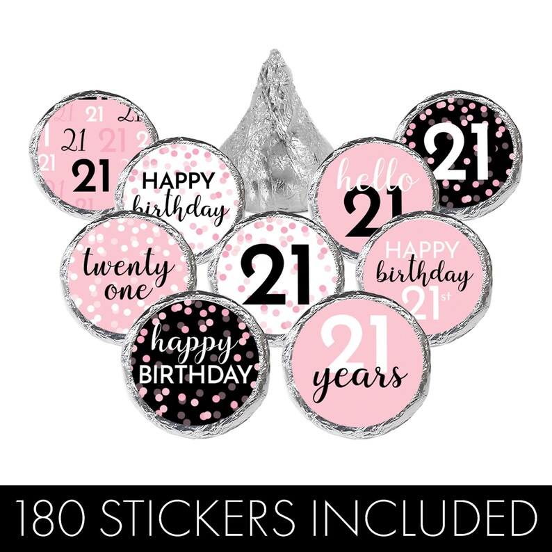 May include: 180 pink and black 21st birthday party favor stickers with confetti and text that says "Happy Birthday", "Twenty One", "Hello 21", "Happy 21st Birthday", "21 Years".