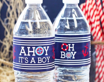 Ahoy It's a Boy Water Bottle Labels, Baby Shower Waterproof Stickers, Blue Nautical Theme Baby Shower Favors, Ocean Baby Sprinkle Decoration
