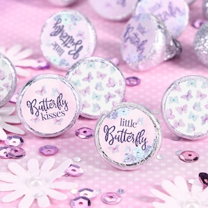 Butterfly Girl Baby Shower Chocolate Kisses Stickers, A Little Butterfly is on Her Way Party Favors, Pink and Purple Candy Labels, 180ct