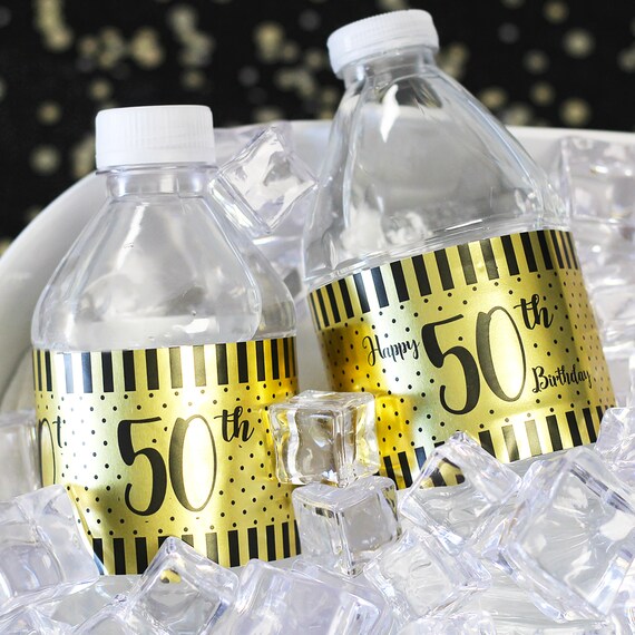 50th Birthday Water Bottle Labels Black and Gold 50th - Etsy