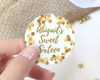 Personalized Sweet 16 Birthday Party Favor Stickers, Custom Name White and Gold | Sixteenth Bag Favor Labels Envelope Seals