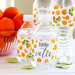 Little Cutie Baby Shower Water Bottle Labels, 24ct Waterproof Stickers, Orange Baby Shower Table Decorations Gender Neutral Clementine Party