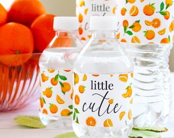 Little Cutie Baby Shower Water Bottle Labels, 24ct Waterproof Stickers, Orange Baby Shower Table Decorations Gender Neutral Clementine Party