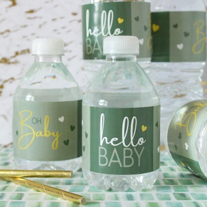 Green and Gold Baby Shower Favor Stickers Water Bottle Labels - Sweet Baby, Hello Baby, Oh Baby - Gender Neutral Sage - Waterproof